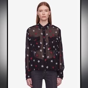 Rag & Bone Shirt Pearson Black Star Embroidered Silk Long Sleeve Button Up XS